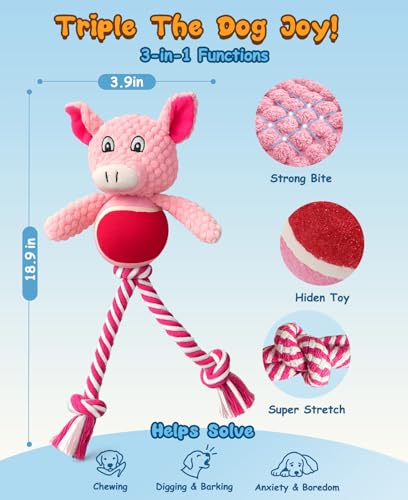 Swooflia Durable Squeaky Dog Toy - Interactive Plush Cute Pig with Rope Legs, Teeth Cleaning Tug Toy for Small Medium and Large Dogs, Puppy Chew Toy for Training and Play - color: Pink
