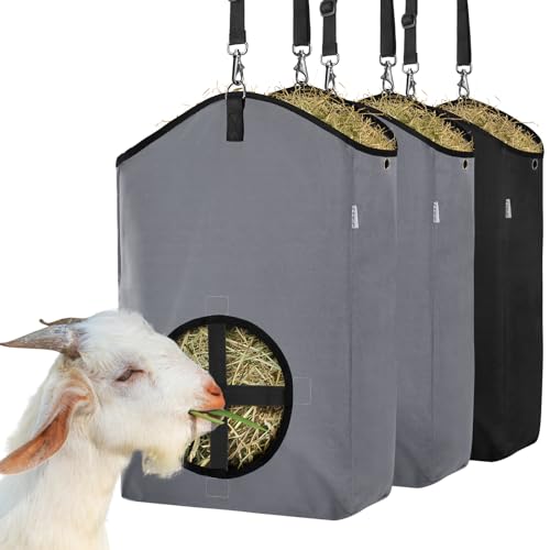 3 Packs Goat Hay Feeder,Hay Bags for Goats,Horses,Sheep,Premium 600D Oxford Cloth,with Metal Fastener and Adjustable Open Feed Hole for Slow Feeding - color: 1Black+2Grey