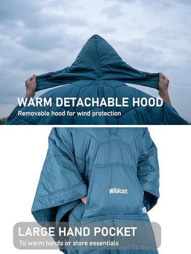 WildCall Hooded Camping Blanket with 3M Thinsulate Insulation Wearable Poncho Blanket Ultralight Foldable Quilt Sleeping Bag for Outdoor, Hiking, Stadium - color: Blue