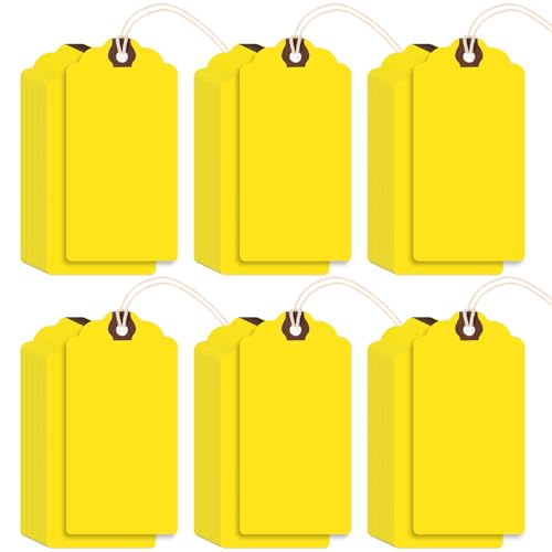 Outus 60 Pcs 4 3/4-in x 2 3/8-in Blank Large Paper Gift Tags with String and Reinforced Eyelet Wire Writable Price Tags Shipping Labels Inventory Labels(Yellow) - color: Yellow