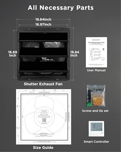 InoKraft Shutter Exhaust Fan with Wireless Control Panel, 16'' Wall Mount Attic Fan with Temperature Controller, 2800 CFM, 8-Speed Adjustable, Ventilation for Attic, Garage, Greenhouse, Chicken Coop - size: 16"