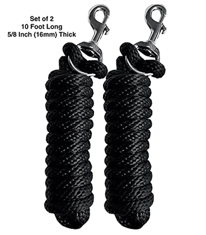 Majestic Ally Pack of 2 Solid Poly Lead Rope for Horses & Livestock – 10 Foot Long and 5/8 inch Thick - Replaceable Heavy-Duty Bolt Snap – Handmade – Soft, Broken in Feel (Black) - color: Black