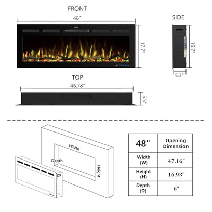 48" APP Electric Fireplace, Wall Mounted & Insert Electric Fireplace, Adjustable Flame Colors, 5 Brightness, 1-9H Timer, Thermostat, 750w/1500w, Balck - size: 48" WiFi