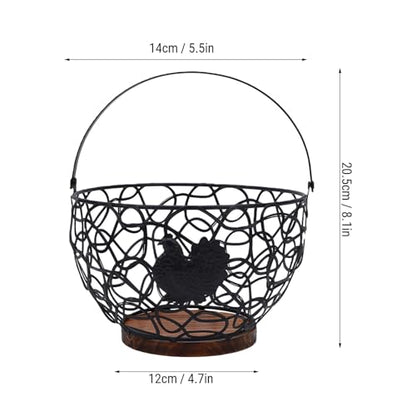 Rustic Wooden Base Wire Egg Basket with Sturdy Metal Handle Farmhouse Kitchen Decor Easter Display Coop - color: Black