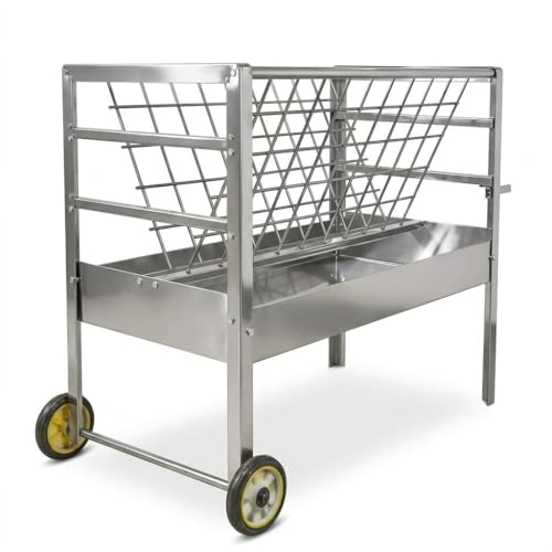 Galvanized Steel Hay Feeder for Goats, 70 Gallon Rolling Feed Trough with Collection Tray, Outdoor Pasture Hay Rack for Sheep and Livestock