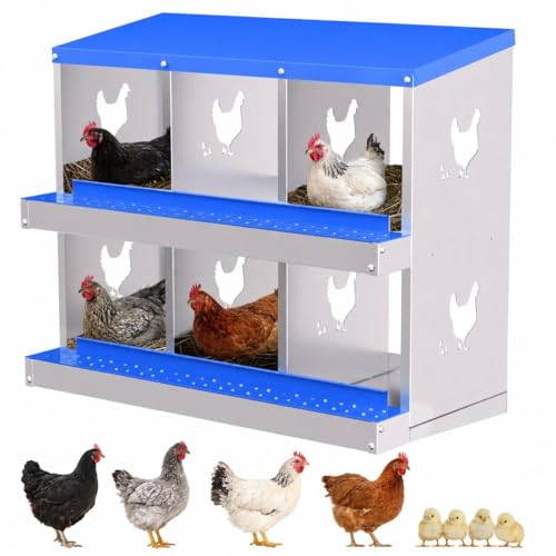 Chicken Nesting Boxes, 6 Compartment Metal Stainless Steel Chicken Laying Boxes, Easy to Clean and Install, 2-in-1 Wall/Floor Standing, for Hens Outdoor Chicken Coop Farm Yard, Blue - color: Blue, size: 6 holes