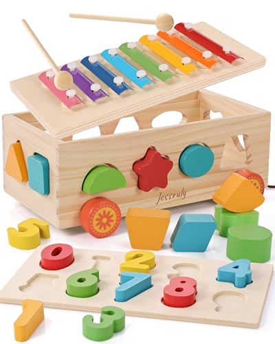Shape Sorter - Wooden Xylophone and Montessori Number Puzzle Set for Babies - Educational Sorting Game with Storage Car for Toddlers - color: Xylophone