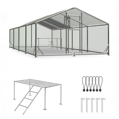 10x26FT Metal Chicken Coop, Dutch Door Chicken Run with Chicken Perch, Cover and Chicken Wire, Walk in Duck Pen for Backyard Poultry and Pet Farming - size: 315.0"L x 118.1"W x 76.8"H