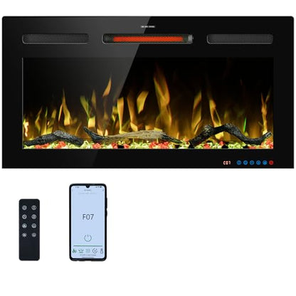 33" WiFi Electric Fireplace Inserts, Recessed and Wall Mounted Fireplace Heater W/Adjustable Flame Color & Brightness, Thermostat, 9H Timer, App and Remote Control, 750/1500W - size: 33" WiFi