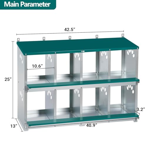 Chicken Nesting Box, 8 Compartment Metal Nesting Box, Wall Mountable Nesting Boxes for Chicken, 42.5" L x 13.0" W x 25.0" H, Green