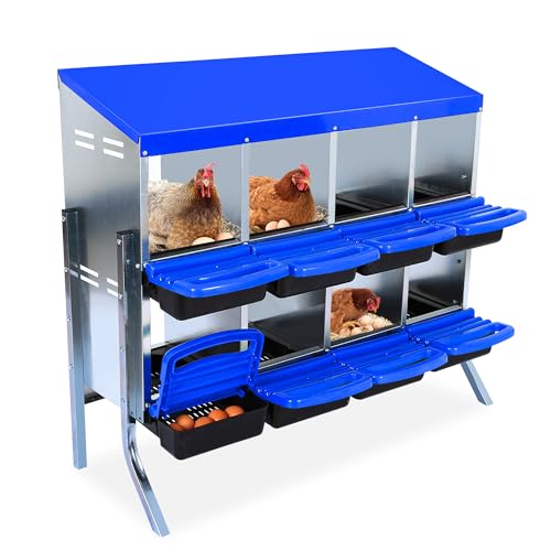 Chicken Nesting Box 8-Hole Roll Away Egg Laying Box with Lid & Stand, Galvanized Steel Rustproof Poultry Coop Box, Easy Clean, Wall Mountable No Bracket Needed for Hens, Blue - color: Blue, size: 8 holes with legs