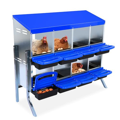 Chicken Nesting Box 8-Hole Roll Away Egg Laying Box with Lid & Stand, Galvanized Steel Rustproof Poultry Coop Box, Easy Clean, Wall Mountable No Bracket Needed for Hens, Blue - color: Blue, size: 8 holes with legs