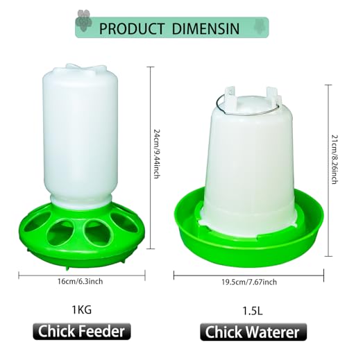 Chick Feeder and Waterer Set for Brooder - Adjustable Height (3 Levels) 0.3Gal Feeder & 0.4Gal Waterer - Automatic Poultry Kit for Baby Chicks, Ducklings