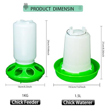 Chick Feeder and Waterer Set for Brooder - Adjustable Height (3 Levels) 0.3Gal Feeder & 0.4Gal Waterer - Automatic Poultry Kit for Baby Chicks, Ducklings