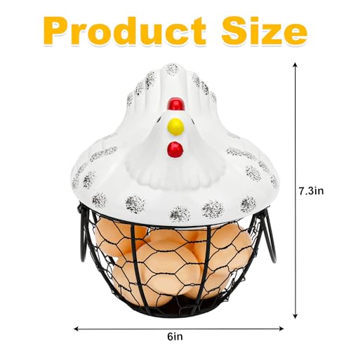 Metal Wire Egg Basket Ceramic Lid Farm Kitchen Egg Storage Holder | Wire Egg Collection Baskets for Gathering Eggs,Decorative Egg Holder Container for Farmhouse,Kitchen, and Countertop