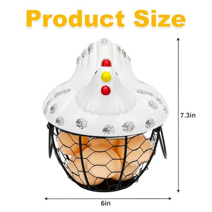 Metal Wire Egg Basket Ceramic Lid Farm Kitchen Egg Storage Holder | Wire Egg Collection Baskets for Gathering Eggs,Decorative Egg Holder Container for Farmhouse,Kitchen, and Countertop