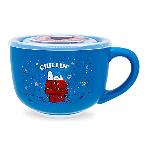Silver Buffalo Peanuts Snoopy Chillin Ceramic Soup Mug Bowl With Vented Lid For Ice Cream, Cereal, Beverages | Holds 24 Ounces