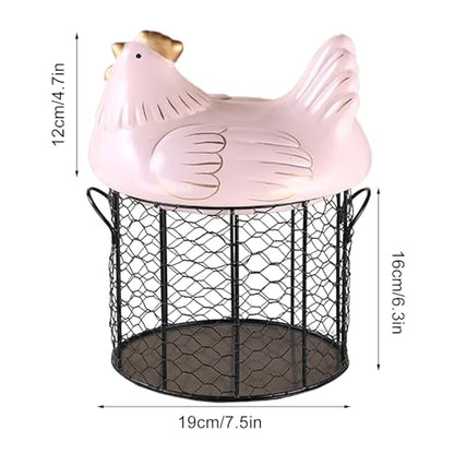 Chicken Egg Basket, Chicken Egg Holder, Black Wire Chicken Egg Collection Baskets with Ceramic Lid and Handle for Gathering Fresh Eggs, Farmhouse Style Egg Storage Container for Kitchen(Pink) - color: Pink