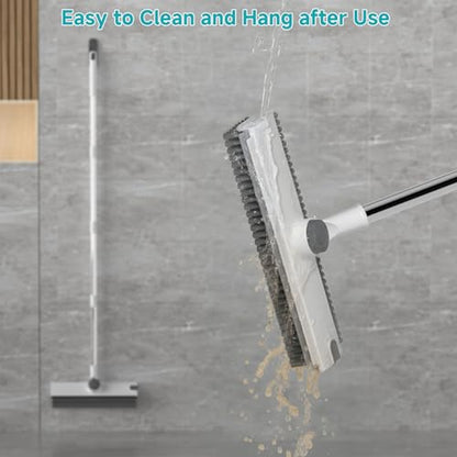 Floor Scrub Brush with Long Handle Length Adjustable, 3 in 1 Heavy-Duty Stiff 90° Bristle Floor Scrubber Broom with Squeegee, for Bathroom, Garage, Kitchen, Tile, Deck & Patio (White) - color: White