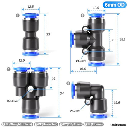 TAILONZ PNEUMATIC 6mm od Push to Connect Fittings Pneumatic Fittings Kit 2 Spliters+2 Elbows+2 tee+2 Straight (8 pcs) | Includes splitters, elbows, tees and straights, push-to-connect, durable plastic, for pneumatic systems. - color: Blue, size: 6MM OD/8P