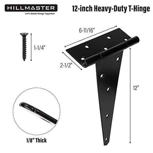 HILLMASTER 12 Inch T-Strap Heavy Duty Shed Door Hinges Gate Strap Hinges Black Tee Hinge Wrought Hardware for Wooden Fences,Yard,Barn Door,Rustproof (6 Pack) - size: 12in 6Pack