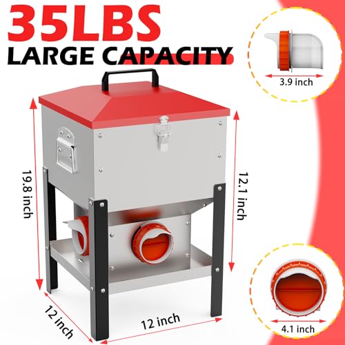 35LB Large Automatic Chicken Feeder- 4 Ports Metal Chicken Feeders, Dual No Waste Design with Locking Lid & Riveted Handles, Rainproof Poultry Feeder for Chickens, Ducks, Geese - size: 4 Ports