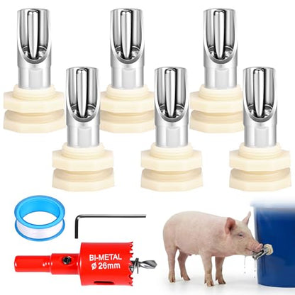 6 Pack Pig Nipple Waterer for Barrel Kit, Stainless Steel Automatic Pig NippleDrinkers Kit with Leak Proof Tank Connector, Piglets Nipple Feeders for Goat Swine Livestock(11 Pieces,White)