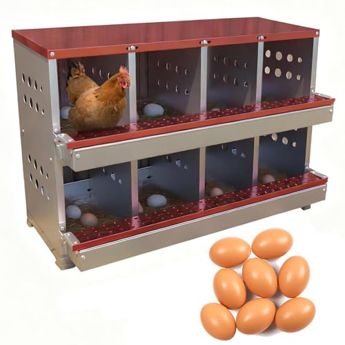 Chicken Nesting Box, 8 Compartment Roll Away Laying Box for Hens, Heavy-Duty Galvanized Steel, Front Egg Collection Tray, 8 Training Eggs Included - color: Red, size: 8 Compartments & 8 Eggs
