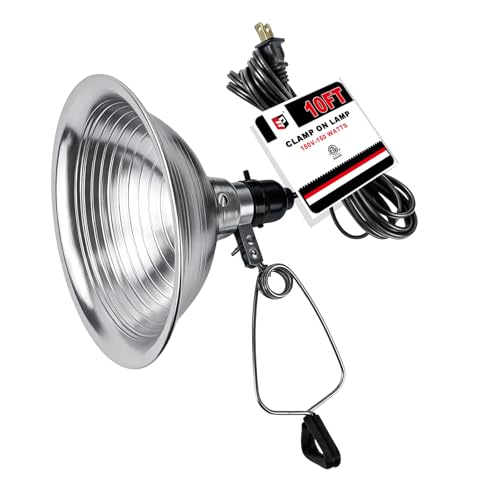 EP Clamp Lamp Light with Detachable 8.5 Inch Aluminum Reflector, 150 Watt E26 Socket (No Bulb Included), 10 Foot 18/2 SPT-2 Cord Cord, 1 Pack - size: 10