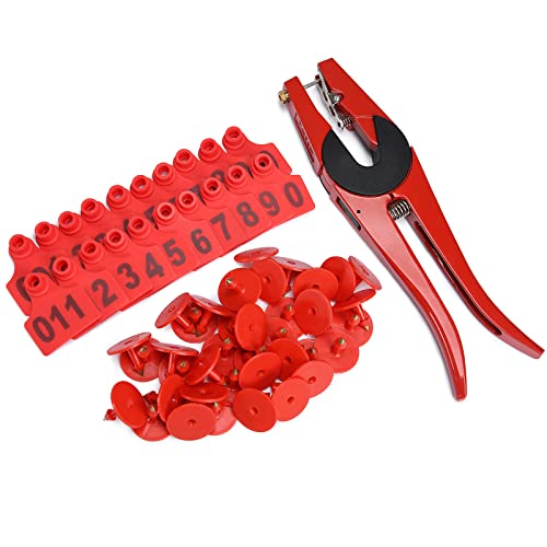 Ear tag livestocks pet ID Tags Identification Earring Pig Ear tag Copper Head Earrings Laser Type(500PCS red Tags +1PCS applicator) - color: Red, size: 500