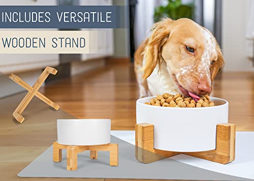 NAT & Jules Small White 6 inch Stoneware Ceramic and Wood Pet Bowl with Stand - color: White