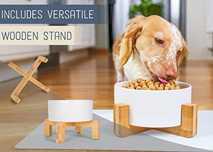 NAT & Jules Small White 6 inch Stoneware Ceramic and Wood Pet Bowl with Stand - color: White