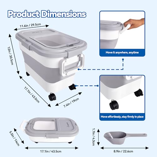 Dog Food Storage Container 20lbs, Airtight Pet Food Bin with Locking Lid & Clear Window, Collapsible Rolling Storage Container with Wheels & Scoop, Gray - color: Gray-S