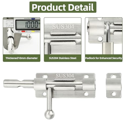 Alise 4 Inch Slide Lock SUS304 Stainless Steel Gate Latch, Slide Bolt Latch,Thickened Heavy Door Latch Lock, Black Barrel Bolt Latch, Security Slide Latch Lock MCX7004-LS - color: Brushed, size: 4 Inch (Regular)