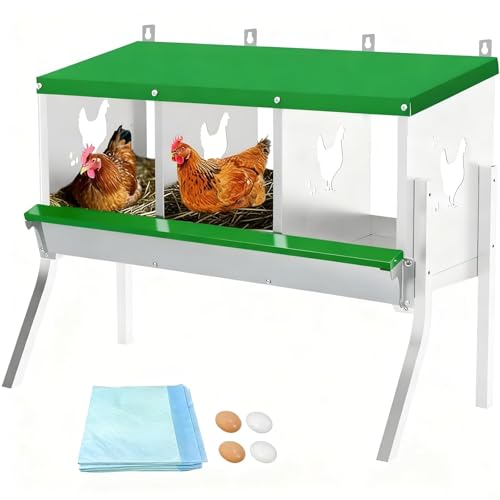 3-Compartment Chicken Nesting Box, Heavy Duty Galvanized Steel Poultry Nest Box, Wall Mount/Freestanding Design for Hens, Ducks, Backyard Homesteads & Farm Use, Dark Green, 10 Mats &4 Eggs, With Stand - color: Dark Green, size: 3 Room&Mat eggs