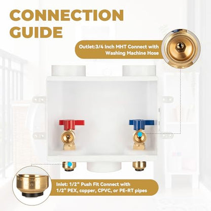 Push-Fit Washing Machine Outlet Box, 1/2-Inch Push Fit x3/4-Inch MHT with Center Drain, Washer Faucet Recessed Box, Laundry Washer Valve Outlet Box, with 2 Disconnect Clips - color: Push Fit/Optimized