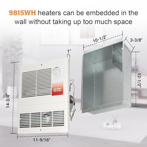 9815WH Large Capacity Electric Wall Heater with Built-in Adjustable Thermostat and Silent Motor, Overheat Protection, 1500 Watts, 120/240 Volts, White