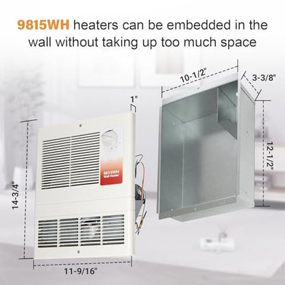 9815WH Large Capacity Electric Wall Heater with Built-in Adjustable Thermostat and Silent Motor, Overheat Protection, 1500 Watts, 120/240 Volts, White
