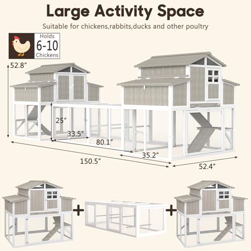 Extra Large Connected Chicken Coop with Center Run for 6–10 Chickens, Dual Wooden Hen Houses, 2-Tier Elevated Design, Nesting Boxes, Pull-Out Tray, Reinforced Frame, Grey - color: Grey