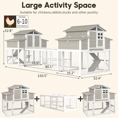 Extra Large Connected Chicken Coop with Center Run for 6–10 Chickens, Dual Wooden Hen Houses, 2-Tier Elevated Design, Nesting Boxes, Pull-Out Tray, Reinforced Frame, Grey - color: Grey