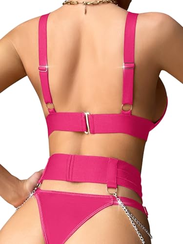 Lilosy Sexy Chain Strappy Garter Belt Women Lingerie Set Rave Outfits - color: Hot Pink, size: XX-Small