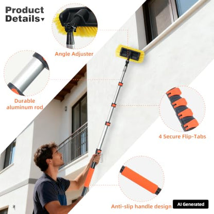 16FT Car Wash Brush with Long Handle, Car Cleaning Brush with 12" Soft Bristle and 12" Hard Bristle, 4-16Ft Telescopic Pole for Scratch-Free Cleaning Truck,RV, Boats,House Siding,Floors,Solar Panels - color: 16ft-orange