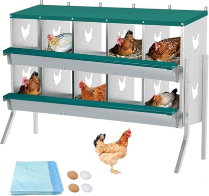 10-Compartment Chicken Nesting Box, Heavy Duty Galvanized Steel Poultry Nest Box, Wall Mount/Freestanding Design for Hens, Ducks, Backyard Homesteads & Farm Use, Green, 10 Mats &4 Eggs, with Stand - color: Green, size: 10 Room&Mat eggs