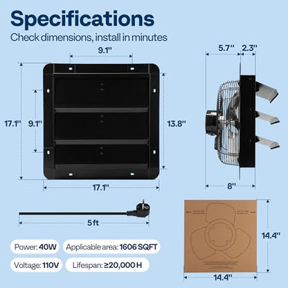 VIVOHOME 14" Shutter Exhaust Fan with EC Motor – 1700 CFM with Thermostat, Variable Speed, Timer, Wall-Mounted for Attic, Garage, Greenhouse, Chicken Coop, Barn Ventilation - size: 14"