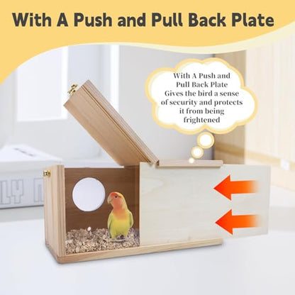 PINVNBY Parakeet Nesting Box, Detachable Board Acrylic Bird House for Cage with Coconut Fiber, Natural Wood Breeding Box for Cockatiel Budgie Lovebirds Conure Finch Parrot (M: 9.8 * 5.3 * 5.3 inch)