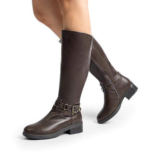 DREAM PAIRS Women's Knee High Boots, Buckle Riding Boots - color: Brown, size: 8
