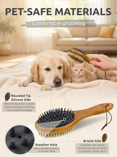 TAKAVU Short Hair Dog & Cat Deshedding Brush - Double Sided Grooming Tool with Silicone Massage & Bristle Sides - Removes Loose Fur & Dirt - Wood Handle - color: White Boar Bristle & Silicone Brush