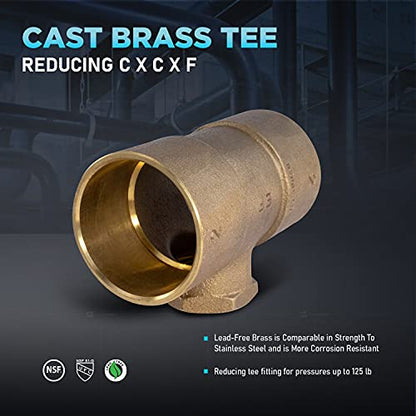 Everflow Supplies CCFT0221-NL C X C X F No Lead Cast Brass Tee Fitting with Solder Cups and Female Threaded Branch, 2" x 2" x 1" - size: 2" x 2" x 1"