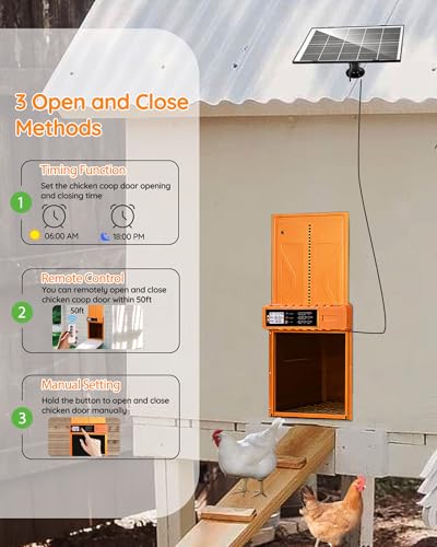 Automatic Chicken Coop Door Solar Powered - Auto Chicken Door 14.3″ x 10.9″ for Large Coop & Run, Anti-Pinch, Orange Aluminum Alloy with Secure Hidden Cable Slot, LCD Timer & Remote Control