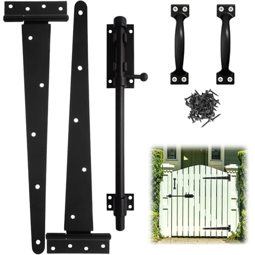 Heavy Duty Gate Hardware Kit for Wood Fence Black Fence Gate Hardware with 2 T-Strap Gate Hinges Sliding Gate Latch 2 Gate Handles Outdoor Gate Hinges and Latch Set for Yard Shed Barn 16 inch - size: 16inch